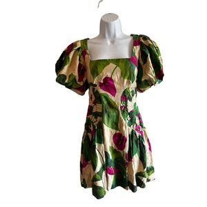 FARM Rio Sand Anthurium Leaves Puff Sleeve Mini Dress XS Summer Boho Linen